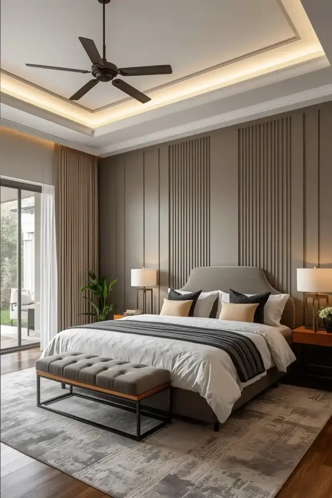 dual tone modern master bedroom with fluted panels and queen bed
